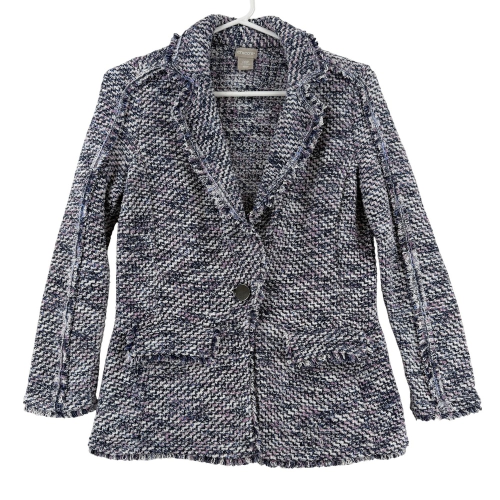 Chico's Blazer Womens Petite XSP Blue Tweed Fringe Herringbone Short Jacket